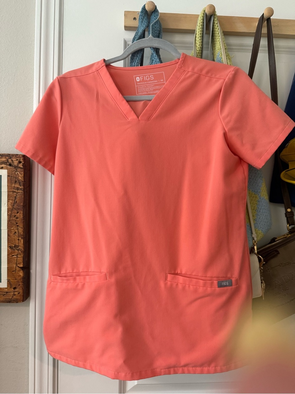 Figs Women's V-Neck Short Sleeve Top & scrub pants in light Coral, XS